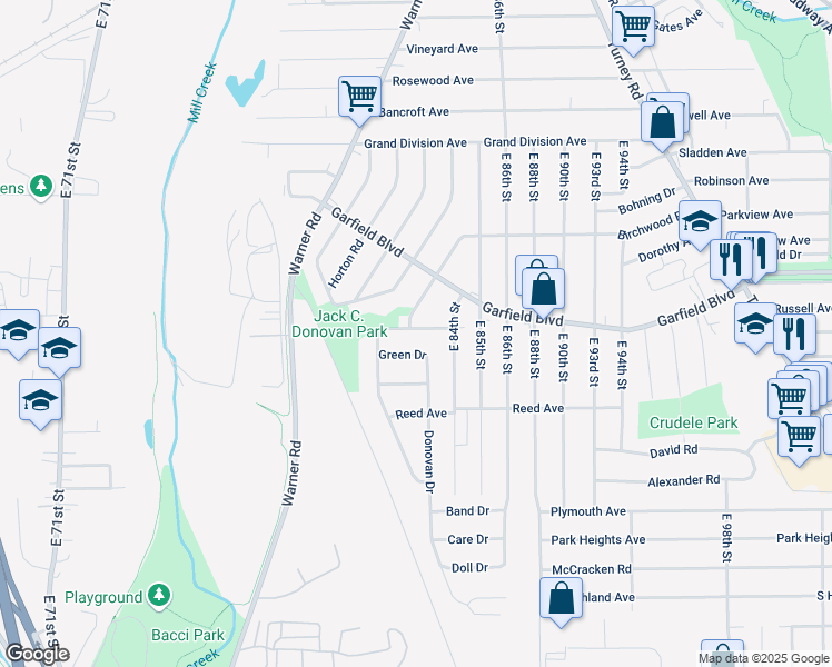 map of restaurants, bars, coffee shops, grocery stores, and more near 8212 Vista Avenue in Garfield Heights