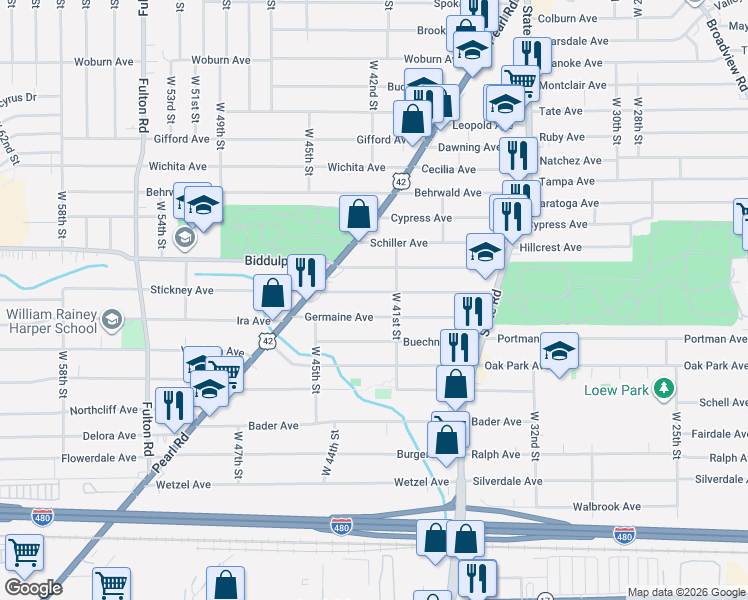 map of restaurants, bars, coffee shops, grocery stores, and more near 4210 Germaine Avenue in Cleveland