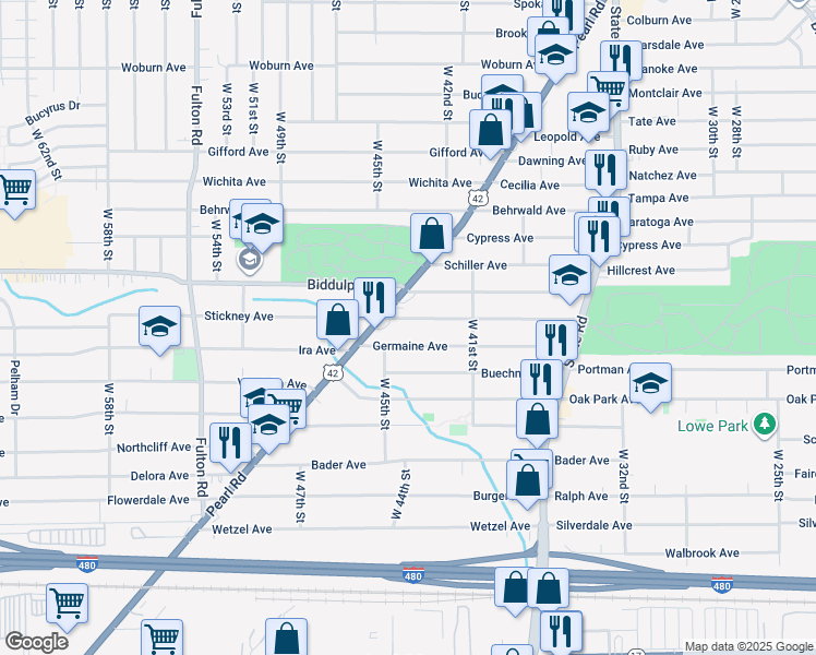 map of restaurants, bars, coffee shops, grocery stores, and more near 4409 Stickney Avenue in Cleveland