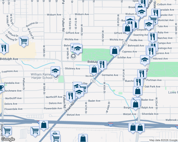 map of restaurants, bars, coffee shops, grocery stores, and more near 4719 Stickney Avenue in Cleveland