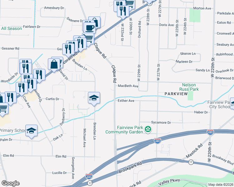 map of restaurants, bars, coffee shops, grocery stores, and more near 4221 Clague Road in North Olmsted