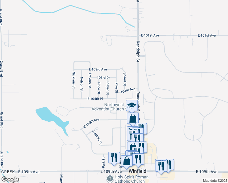 map of restaurants, bars, coffee shops, grocery stores, and more near 10451 Player Street in Crown Point