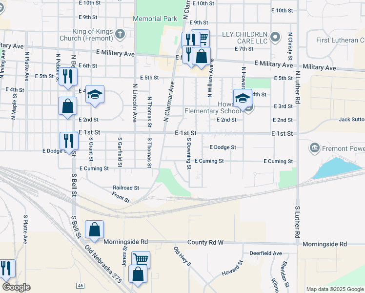map of restaurants, bars, coffee shops, grocery stores, and more near 1915 East Dodge Street in Fremont