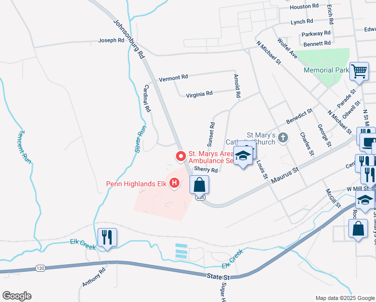 map of restaurants, bars, coffee shops, grocery stores, and more near 812 Johnsonburg-Saint Marys Road in Saint Marys