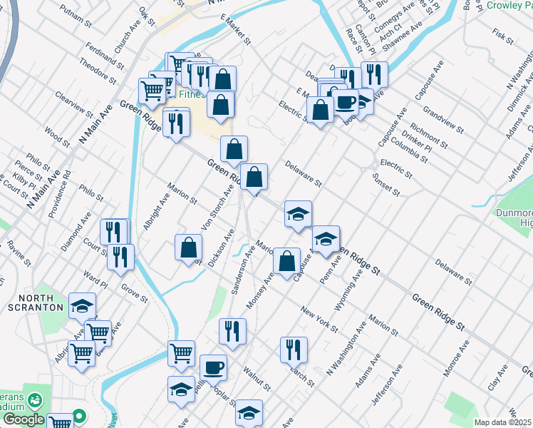 map of restaurants, bars, coffee shops, grocery stores, and more near 1535 Sanderson Avenue in Scranton