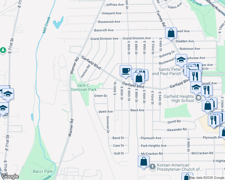 map of restaurants, bars, coffee shops, grocery stores, and more near 4812 East 84th Street in Garfield Heights