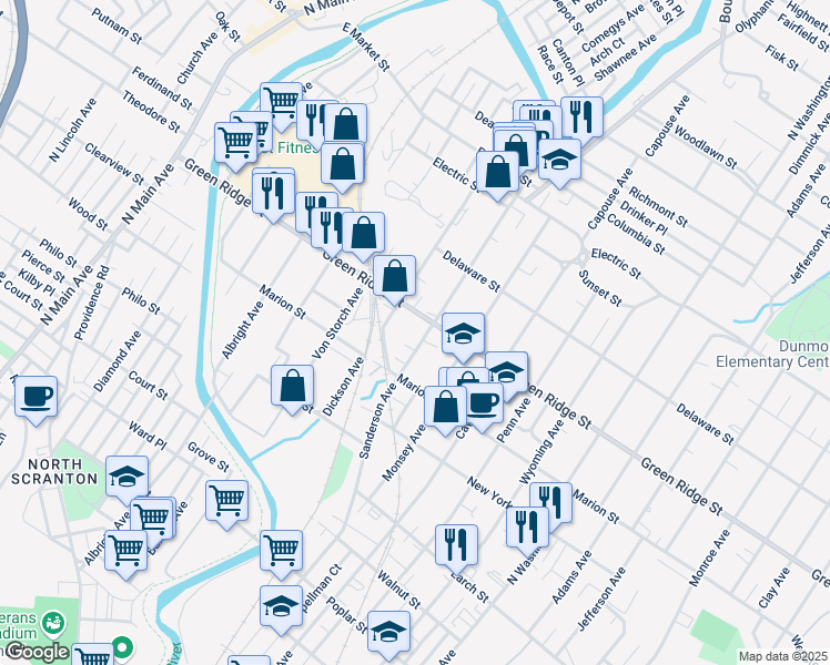map of restaurants, bars, coffee shops, grocery stores, and more near 1543 Sanderson Avenue in Scranton