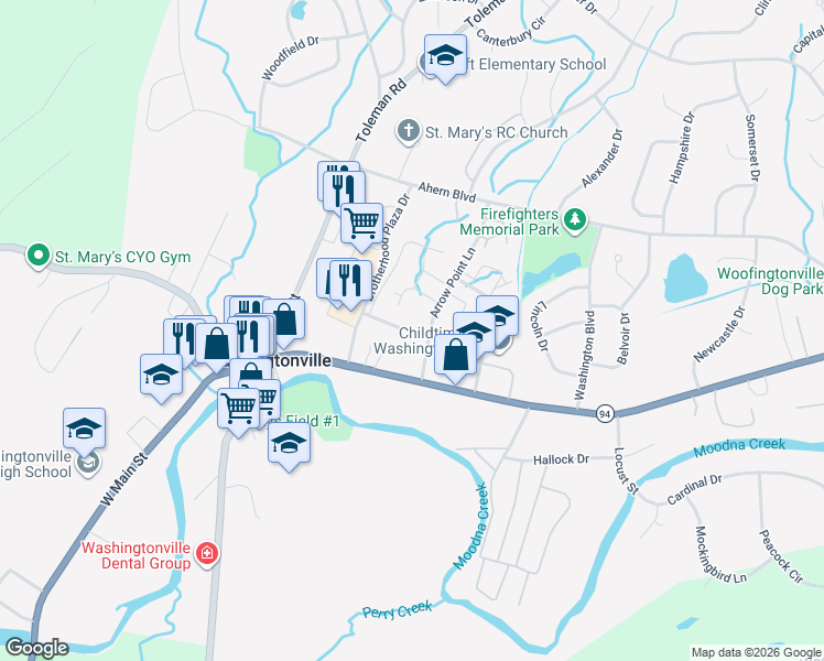 map of restaurants, bars, coffee shops, grocery stores, and more near 104 Cartwheel Court in Washingtonville