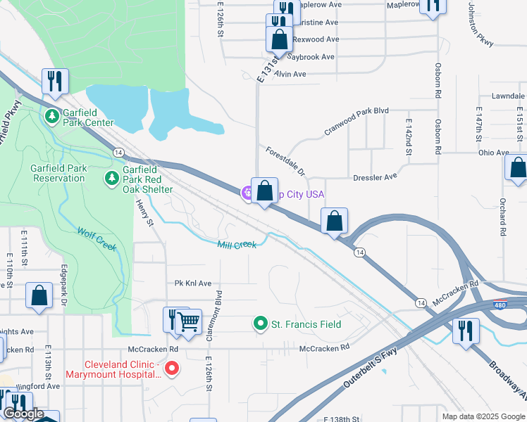 map of restaurants, bars, coffee shops, grocery stores, and more near 12912 Broadway Avenue in Garfield Heights