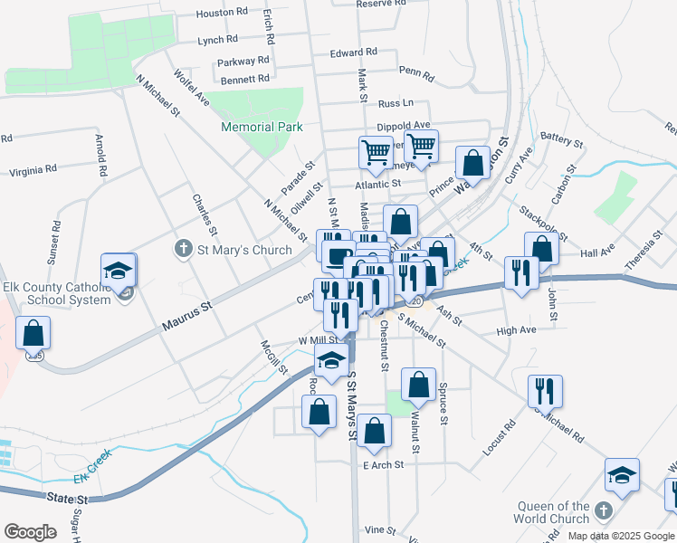 map of restaurants, bars, coffee shops, grocery stores, and more near 20 North Michael Street in Saint Marys