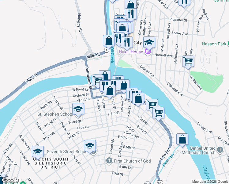 map of restaurants, bars, coffee shops, grocery stores, and more near 119 East 1st Street in Oil City