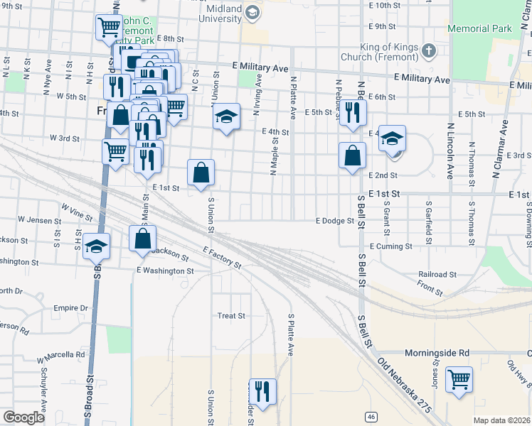 map of restaurants, bars, coffee shops, grocery stores, and more near 752 East Dodge Street in Fremont