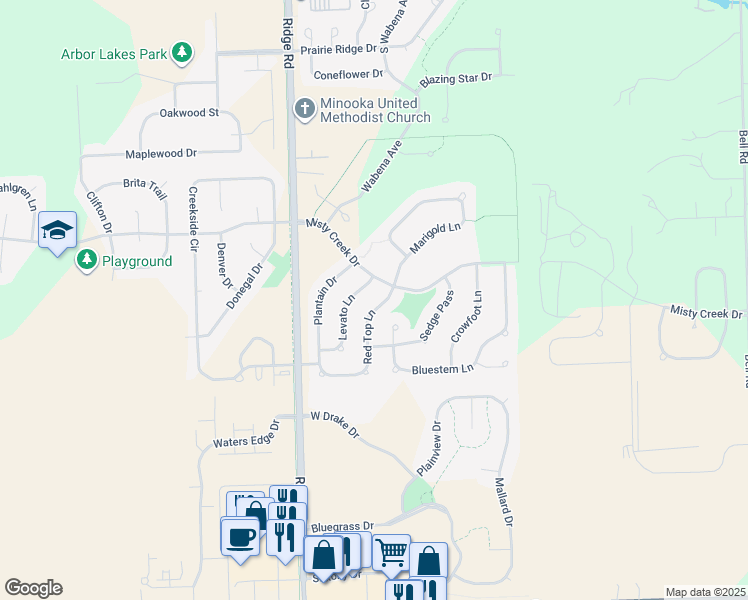 map of restaurants, bars, coffee shops, grocery stores, and more near 1427 Red Top Lane in Minooka