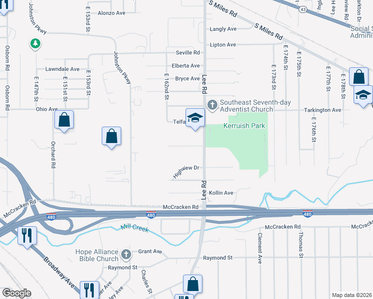 map of restaurants, bars, coffee shops, grocery stores, and more near 16220 Sunny Glen Avenue in Cleveland
