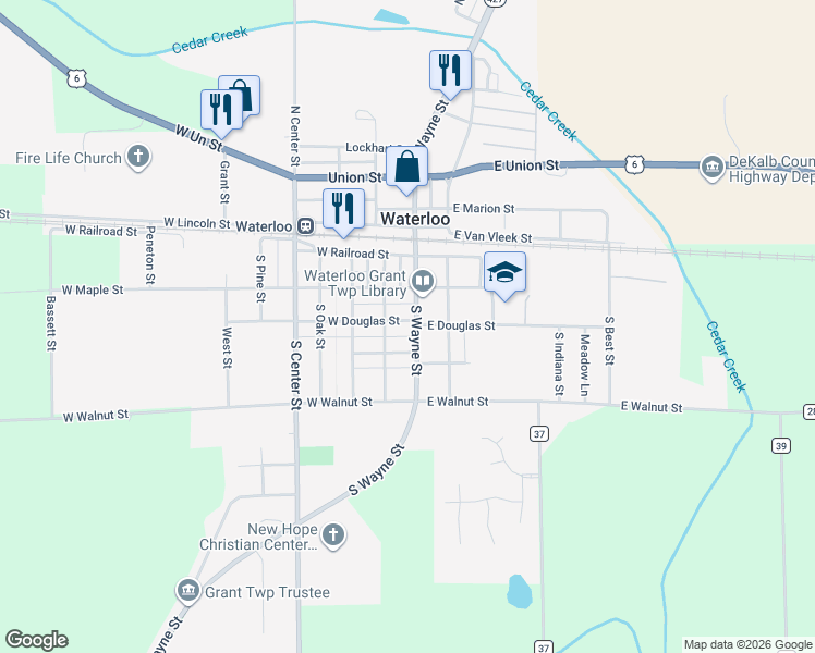 map of restaurants, bars, coffee shops, grocery stores, and more near 455 South Wayne Street in Waterloo