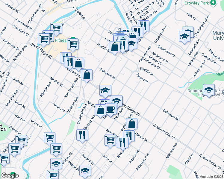 map of restaurants, bars, coffee shops, grocery stores, and more near 1614 Monsey Avenue in Scranton