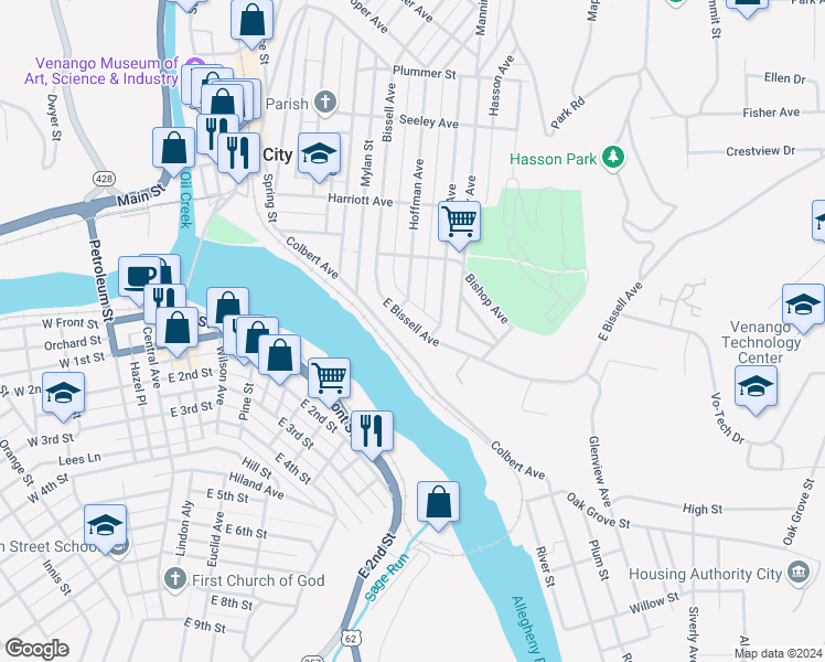 map of restaurants, bars, coffee shops, grocery stores, and more near 122-158 Colbert Ave in Oil City