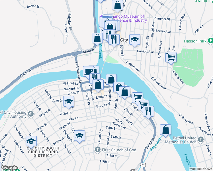 map of restaurants, bars, coffee shops, grocery stores, and more near 119 East 1st Street in Oil City