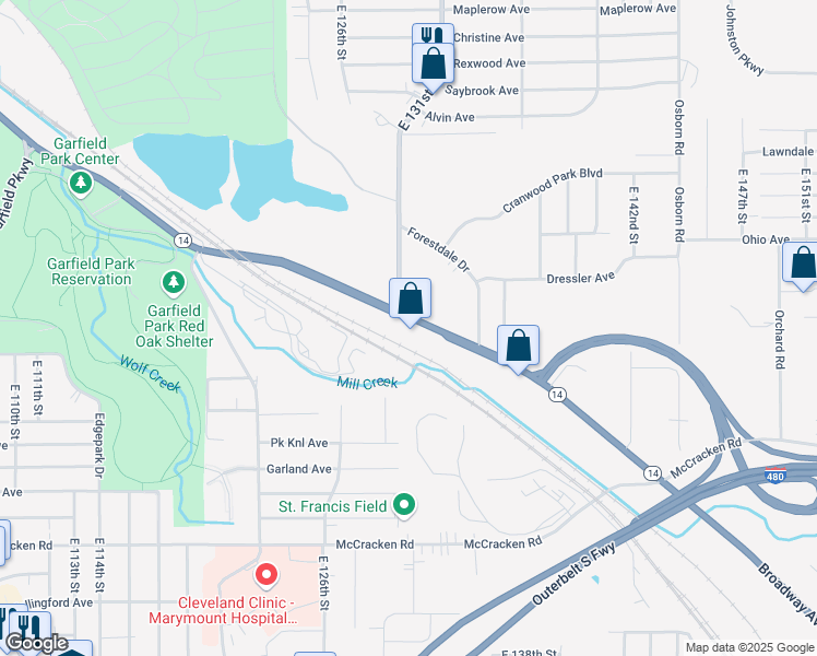 map of restaurants, bars, coffee shops, grocery stores, and more near 12912 Broadway Avenue in Garfield Heights