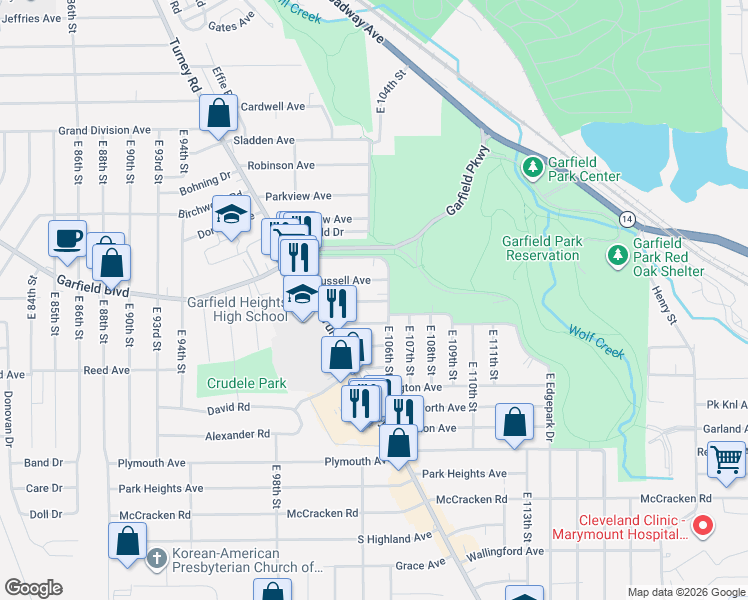 map of restaurants, bars, coffee shops, grocery stores, and more near 10400 Richland Avenue in Garfield Heights