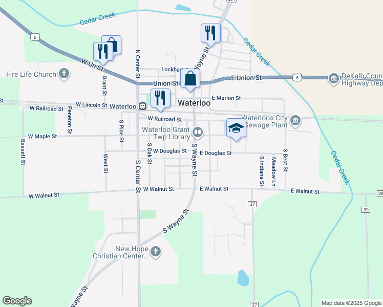 map of restaurants, bars, coffee shops, grocery stores, and more near 455 South Wayne Street in Waterloo