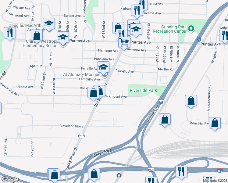map of restaurants, bars, coffee shops, grocery stores, and more near 18108 Parkmount Avenue in Cleveland