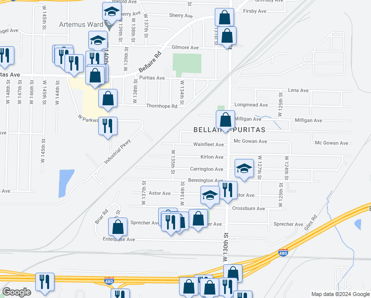 map of restaurants, bars, coffee shops, grocery stores, and more near 13341 Wainfleet Avenue in Cleveland