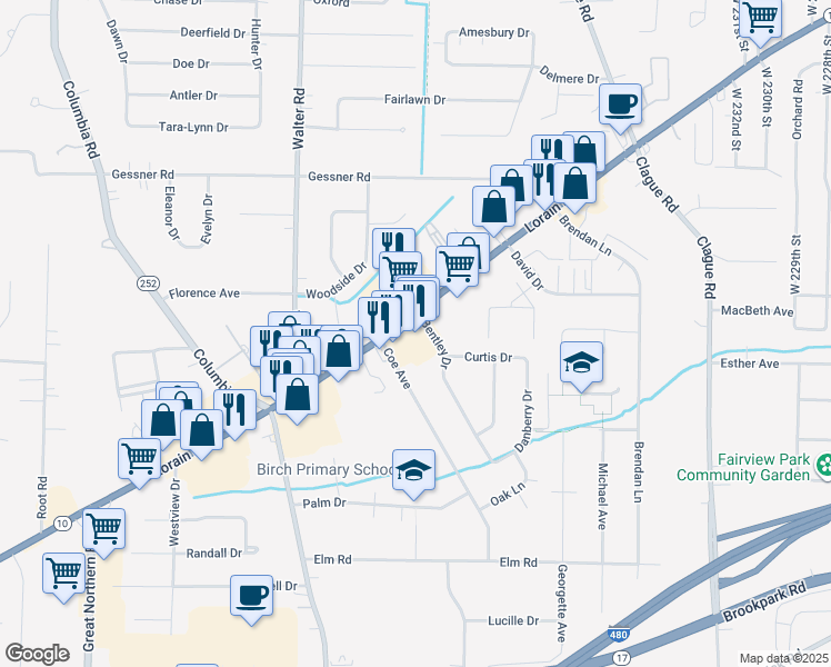 map of restaurants, bars, coffee shops, grocery stores, and more near 24121 Lorain Road in North Olmsted