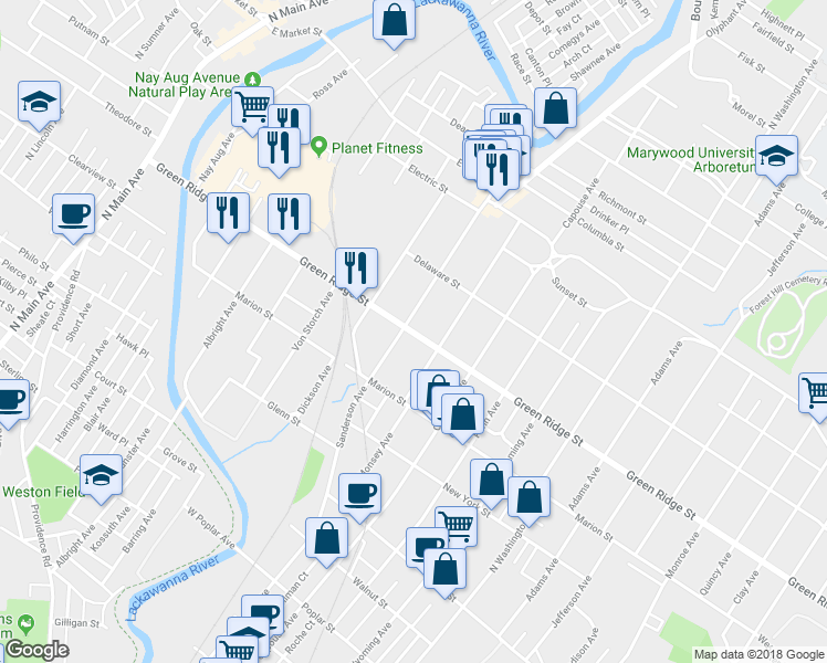 map of restaurants, bars, coffee shops, grocery stores, and more near 711 Green Ridge Street in Scranton