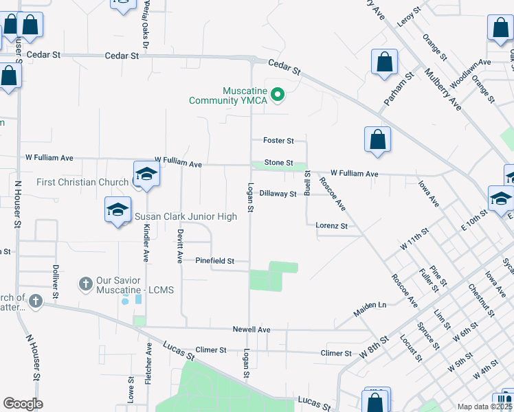 map of restaurants, bars, coffee shops, grocery stores, and more near 1600-1798 Logan St in Muscatine