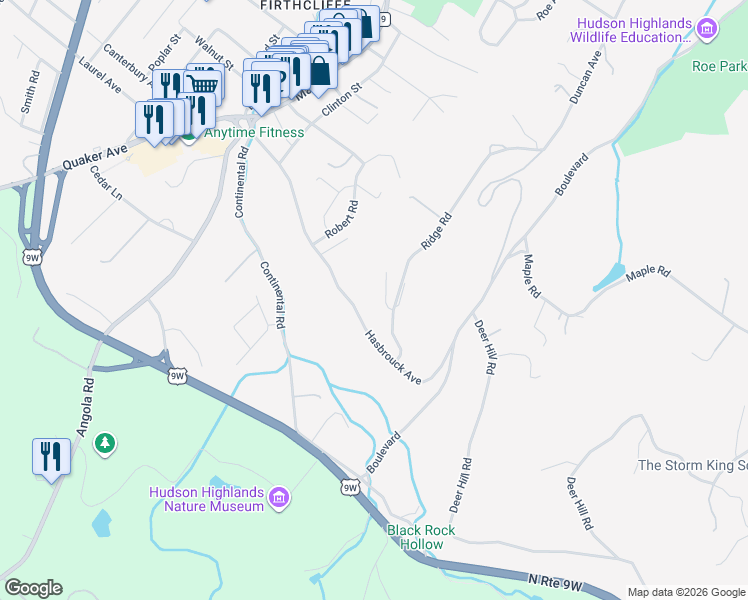 map of restaurants, bars, coffee shops, grocery stores, and more near 18 Ridge Road in Cornwall