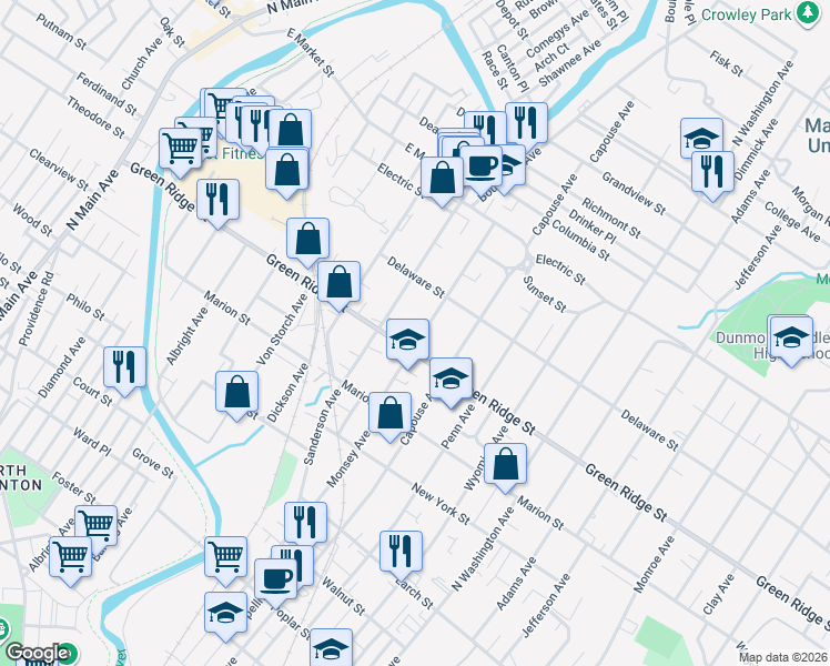 map of restaurants, bars, coffee shops, grocery stores, and more near 1614 Monsey Avenue in Scranton