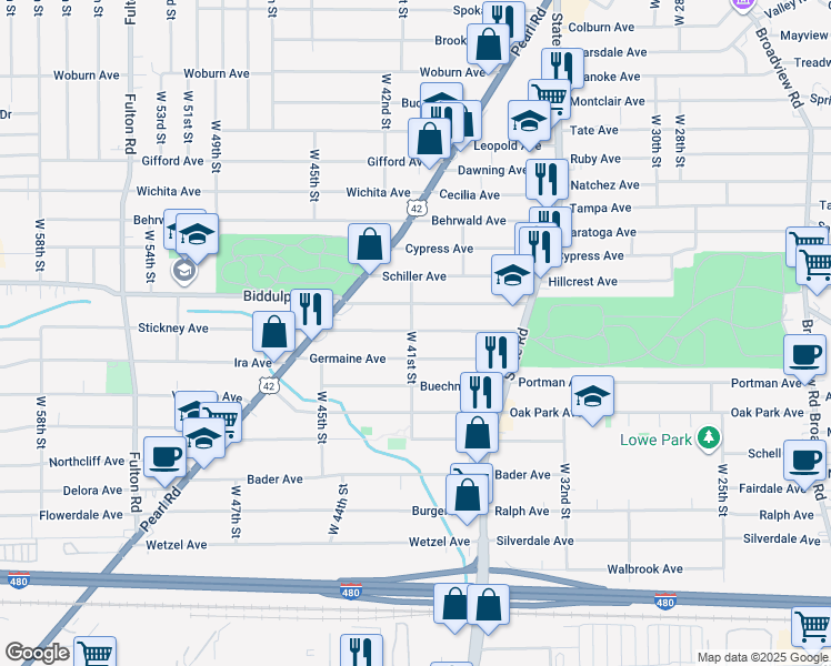 map of restaurants, bars, coffee shops, grocery stores, and more near 4621 West 41st Street in Cleveland
