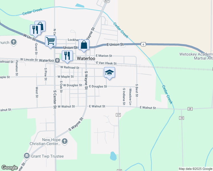 map of restaurants, bars, coffee shops, grocery stores, and more near 300 East Douglas Street in Waterloo