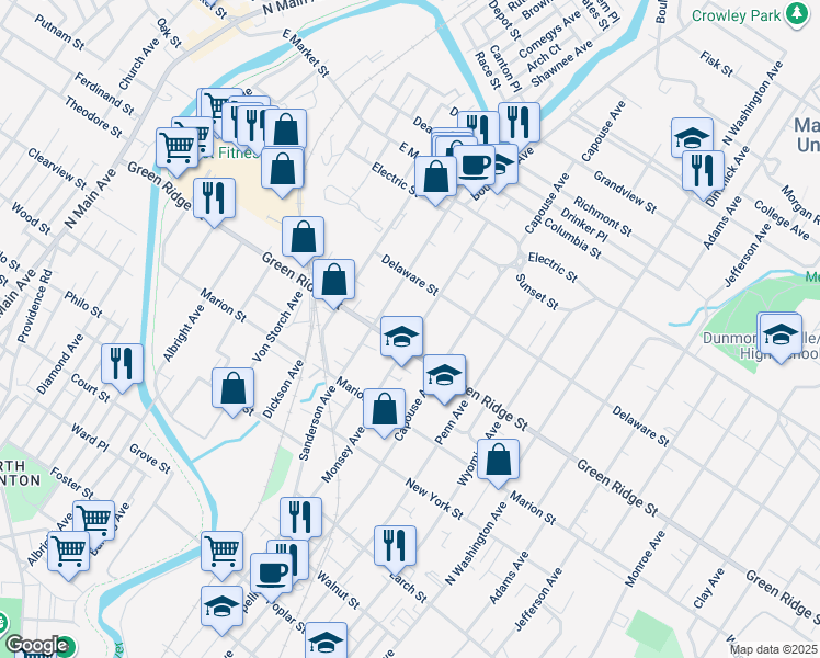 map of restaurants, bars, coffee shops, grocery stores, and more near 1614 Monsey Avenue in Scranton