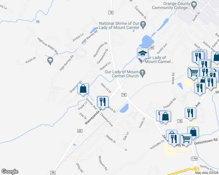 map of restaurants, bars, coffee shops, grocery stores, and more near 19 Deer Court Drive in Middletown