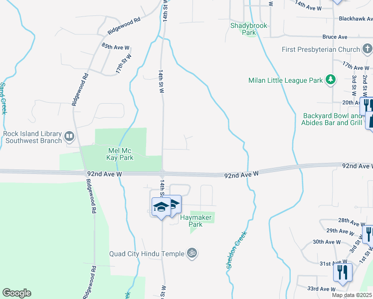 map of restaurants, bars, coffee shops, grocery stores, and more near 1320 91st Avenue West in Rock Island