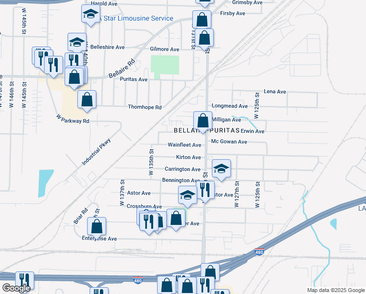 map of restaurants, bars, coffee shops, grocery stores, and more near 13120 Kirton Avenue in Cleveland