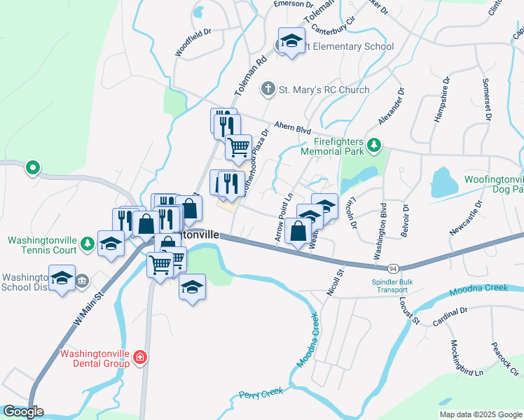 map of restaurants, bars, coffee shops, grocery stores, and more near 5 7 9 Arrow Point Lane in Washingtonville