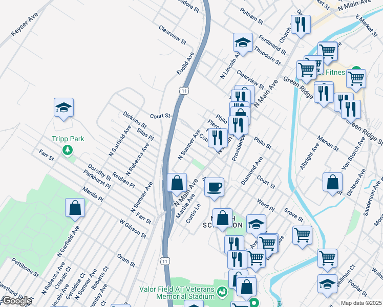 map of restaurants, bars, coffee shops, grocery stores, and more near Eureka Avenue in Scranton