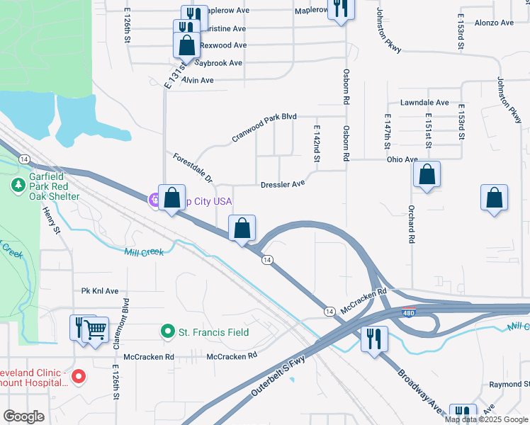 map of restaurants, bars, coffee shops, grocery stores, and more near 13513 Broadway Avenue in Garfield Heights