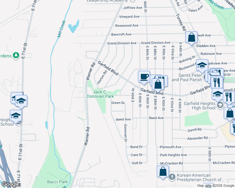 map of restaurants, bars, coffee shops, grocery stores, and more near 8212 Vista Avenue in Garfield Heights