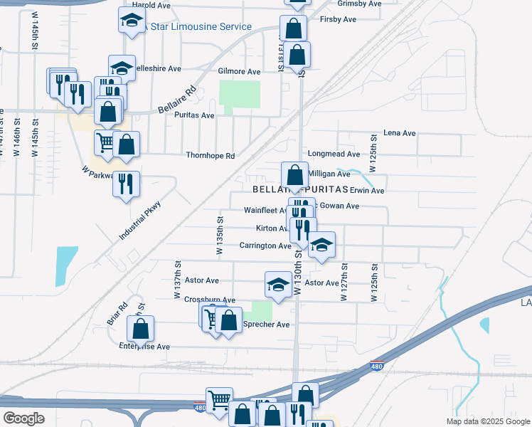 map of restaurants, bars, coffee shops, grocery stores, and more near 13120 Kirton Avenue in Cleveland