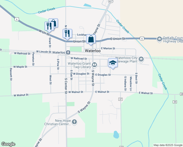 map of restaurants, bars, coffee shops, grocery stores, and more near 455 South Wayne Street in Waterloo