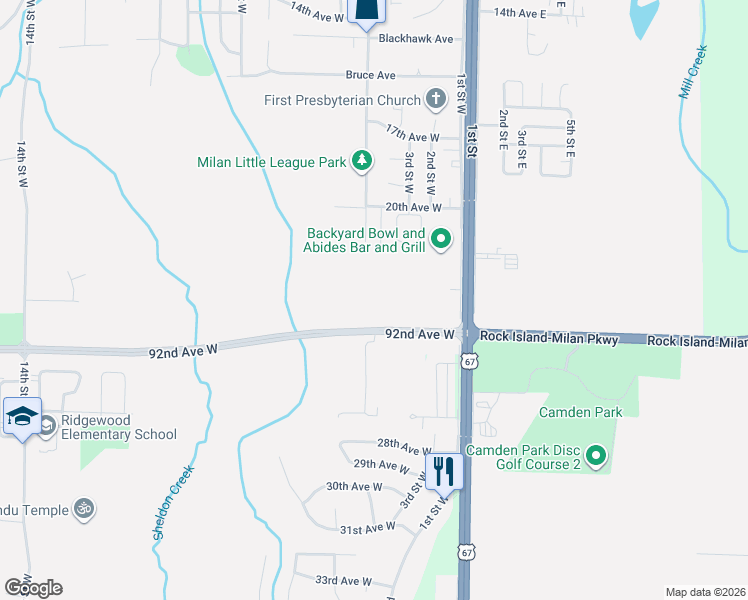 map of restaurants, bars, coffee shops, grocery stores, and more near 231-399 92nd Avenue West in Milan
