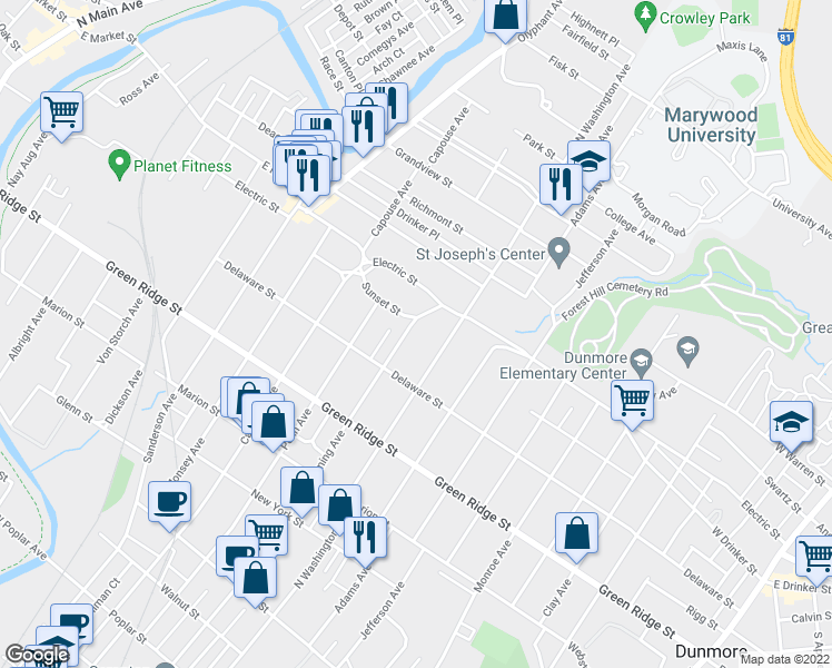 map of restaurants, bars, coffee shops, grocery stores, and more near 1740 Wyoming Avenue in Scranton