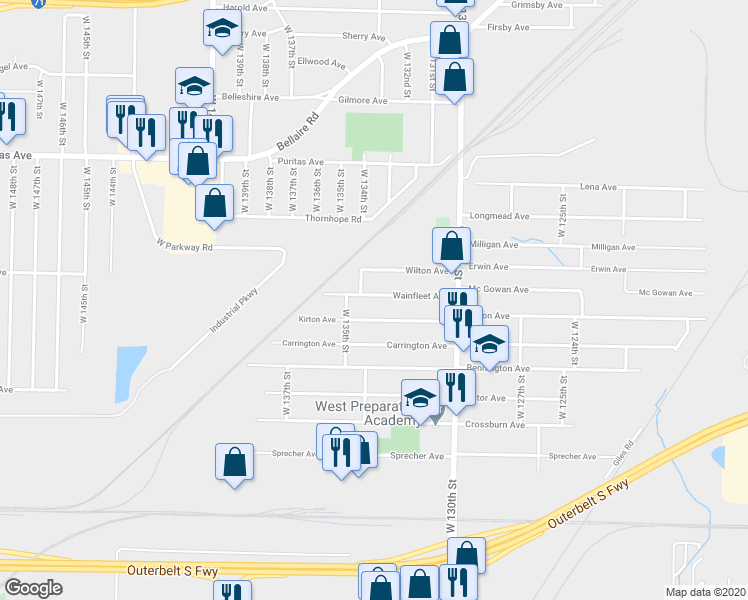 map of restaurants, bars, coffee shops, grocery stores, and more near 13337 Wainfleet Avenue in Cleveland