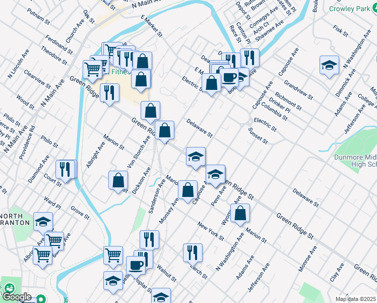 map of restaurants, bars, coffee shops, grocery stores, and more near in Scranton
