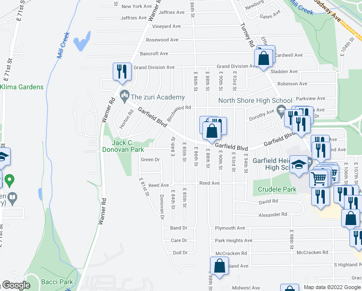 map of restaurants, bars, coffee shops, grocery stores, and more near 4792 E 85th St in Cleveland