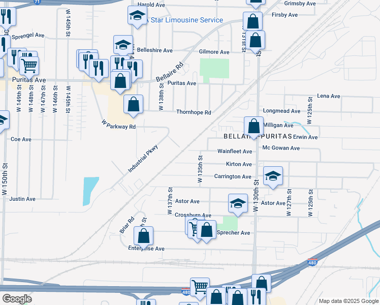 map of restaurants, bars, coffee shops, grocery stores, and more near 13523 Wainfleet Avenue in Cleveland